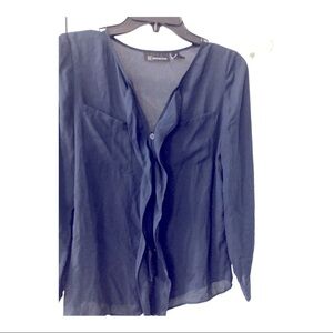 INC sheer navy blue ruffled front hidden closure long sleeve blouse top size‎ 2